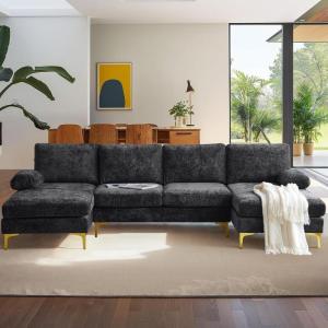 imageVINGLI 110quot Large Ushape Sectional Sofa Couch with 51quotD Double Chaise for Living Room Modern Sectional Couch Set with Soft 59quot Thickness Seating Padding Chenille Fabric Metal Gold LegsRich CyanBlack