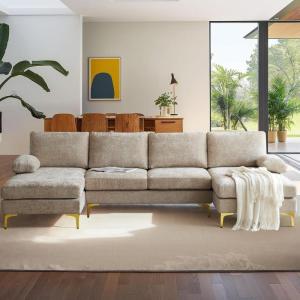 imageVINGLI 110quot Large Ushape Sectional Sofa Couch with 51quotD Double Chaise for Living Room Modern Sectional Couch Set with Soft 59quot Thickness Seating Padding Chenille Fabric Metal Gold LegsRich CyanKhaki