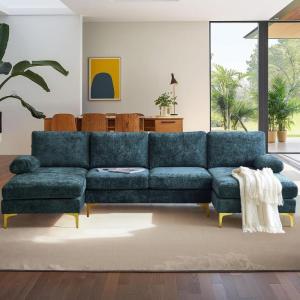 imageVINGLI 110quot Large Ushape Sectional Sofa Couch with 51quotD Double Chaise for Living Room Modern Sectional Couch Set with Soft 59quot Thickness Seating Padding Chenille Fabric Metal Gold LegsRich CyanCyan