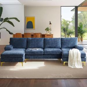 imageVINGLI 110quot Large Ushape Sectional Sofa Couch with 51quotD Double Chaise for Living Room Modern Sectional Couch Set with Soft 59quot Thickness Seating Padding Chenille Fabric Metal Gold LegsRich CyanBluishgrey