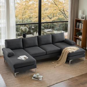 imageVINGLI 110quot Modern U Shaped Sectional Sofa Couch with 51quotD Double Chaise for Living Room Large Tufted Button Couch Sets with 59quot Thickness Seating Padding for Small Spaces Light GreyTufted ButtonFlatdark Grey