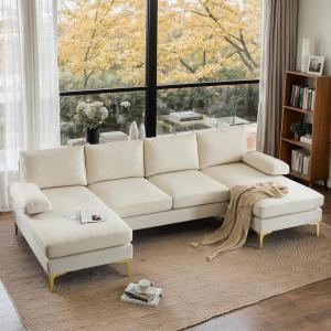 imageVINGLI 110quot Modern U Shaped Sectional Sofa Couch with 51quotD Double Chaise for Living Room Large Tufted Button Couch Sets with 59quot Thickness Seating Padding for Small Spaces Light GreyTufted ButtonFlatbeige