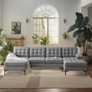 imageVINGLI 110quot Modern U Shaped Sectional Sofa Couch with 51quotD Double Chaise for Living Room Large Tufted Button Couch Sets with 59quot Thickness Seating Padding for Small Spaces Light GreyTufted ButtonDimandlight Grey