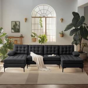 imageVINGLI 110quot Modern U Shaped Sectional Sofa Couch with 51quotD Double Chaise for Living Room Large Tufted Button Couch Sets with 59quot Thickness Seating Padding for Small Spaces Light GreyTufted ButtonDimandblack