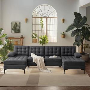 imageVINGLI 110quot Modern U Shaped Sectional Sofa Couch with 51quotD Double Chaise for Living Room Large Tufted Button Couch Sets with 59quot Thickness Seating Padding for Small Spaces Light GreyTufted ButtonDimanddark Grey