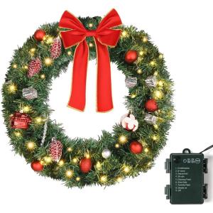 imageVINGLI 24 Inch Prelit Artificial Christmas Wreath for Front Door Christmas Door Wreath Decorations with 50 Lights and 100 PVC Branch Tips Xmas Wreath wBow Pine Cones Ornaments BatteryOperated