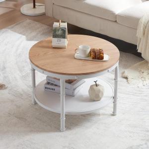 imageVINGLI 256quot Rustic Oak White Round Farmhouse Coffee Table 2Tier Storage Wood Center Circle Accent Table for Living Room Bedroom Apartment Studio and Small Spaces Sturdy Metal FrameNatural Wood
