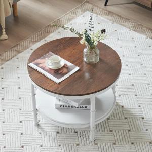 imageVINGLI 256quot Rustic Oak White Round Farmhouse Coffee Table 2Tier Storage Wood Center Circle Accent Table for Living Room Bedroom Apartment Studio and Small Spaces Sturdy Metal FrameWoodrustic Oak