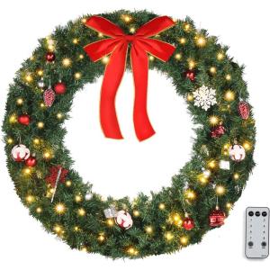 imageVINGLI 36 Inch Christmas Door Wreath Decorations with 100 Lights and 300 PVC Branches Prelit Artificial Christmas Wreath for Front Door Xmas Wreath wBow Pine Cones Ornaments Plugin