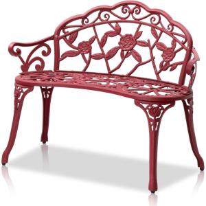 imageVINGLI 385quot Patio Park Garden Outdoor Metal Rose BenchCast Iron Cast Aluminium Frame Antique Finish ChairAccented Lawn Front Porch Path Yard Decor Deck Furniture for 2 Person SeatWhiteRed