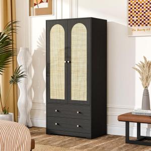 imageVINGLI 38quot W Armoire Wardrobe Closet with Hanging Rod Bedroom 71quot Freestanding Wardrobe Cabinet with Doors Adjustable Shelves and Drawer Open Compartment Rustic BrownBlack Rattan