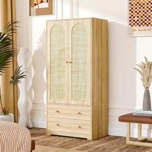 imageVINGLI 38quot W Armoire Wardrobe Closet with Hanging Rod Bedroom 71quot Freestanding Wardrobe Cabinet with Doors Adjustable Shelves and Drawer Open Compartment Rustic BrownNatural Rattan