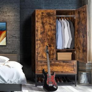imageVINGLI 38quot W Armoire Wardrobe Closet with Hanging Rod Bedroom 71quot Freestanding Wardrobe Cabinet with Doors Adjustable Shelves and Drawer Open Compartment Rustic BrownRustic Brown