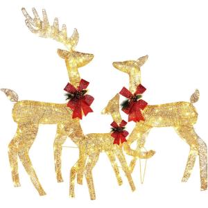 imageVINGLI 3Piece Lighted Christmas Reindeer Family Set Outdoor Decorations Weather Proof Deer Family Set of 3 Christmas Ornament Home Decor Prelit 270 LED Lights with Stakes Zip Ties SecuredGold