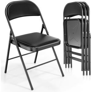 imageVINGLI 4 Pack Folding Chairs with Padded Seats Metal Frame with Pu Leather Seat ampamp Back Capacity 350 lbs Set of 4 BlackBlack