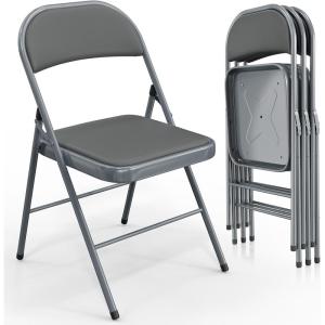imageVINGLI 4 Pack Folding Chairs with Padded Seats Metal Frame with Pu Leather Seat ampamp Back Capacity 350 lbs Set of 4 BlackGrey