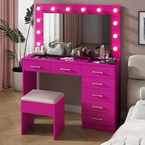 imageVINGLI 40quot Vanity Set with Lighted Mirror and StoolWhite Makeup Vanity Table Set with 9 Lights for WomenBedroom Makeup Dressing Table with 2 Drawers and StoolWhiteampampGoldGlass Top  7Drawers  Stool