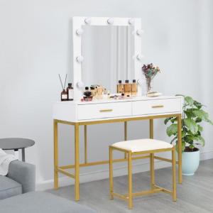imageVINGLI 40quot Vanity Set with Lighted Mirror and StoolWhite Makeup Vanity Table Set with 9 Lights for WomenBedroom Makeup Dressing Table with 2 Drawers and StoolWhiteampampGold2Drawers  Stool