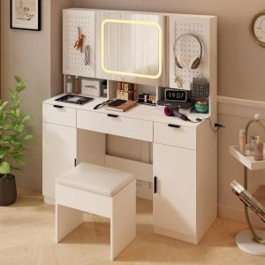 imageVINGLI 40quot Vanity Set with Lighted Mirror and StoolWhite Makeup Vanity Table Set with 9 Lights for WomenBedroom Makeup Dressing Table with 2 Drawers and StoolWhiteampampGold3Drawers  DIY Pegboard  5Cabinets