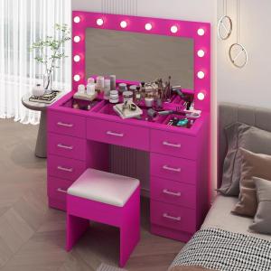 imageVINGLI 40quot Vanity Set with Lighted Mirror and StoolWhite Makeup Vanity Table Set with 9 Lights for WomenBedroom Makeup Dressing Table with 2 Drawers and StoolWhiteampampGoldGlass Top  9Drawers  Stool