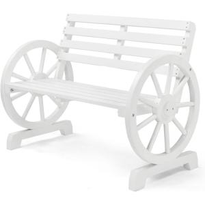 imageVINGLI 41quot Rustic Wooden Wheel Bench Outdoor Bench 2Person Patio Bench Wagon Slatted Seat Garden Benches for Outdoors 350lbs High Capacity Weather ResistanceWhite