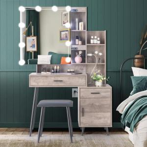 imageVINGLI 433quot Vanity Desk with Sliding Mirror ampamp Lights ampamp Charging Station ampamp 5Drawers ampamp Shelves Farmhouse Modern Makeup Vanity Set with Stool for BedroomOak  2Drawers