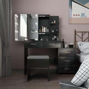 imageVINGLI 433quot Vanity Desk with Sliding Mirror ampamp Lights ampamp Charging Station ampamp 5Drawers ampamp Shelves Farmhouse Modern Makeup Vanity Set with Stool for BedroomBlack  5Drawers