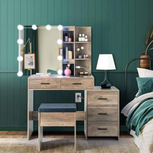 imageVINGLI 433quot Vanity Desk with Sliding Mirror ampamp Lights ampamp Charging Station ampamp 5Drawers ampamp Shelves Farmhouse Modern Makeup Vanity Set with Stool for BedroomOak  5Drawers