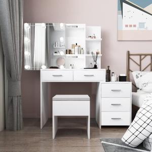 imageVINGLI 433quot Vanity Desk with Sliding Mirror ampamp Lights ampamp Charging Station ampamp 5Drawers ampamp Shelves Farmhouse Modern Makeup Vanity Set with Stool for BedroomWhite  5Drawers