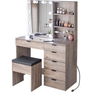 imageVINGLI 433quot Vanity Desk with Sliding Mirror ampamp Lights ampamp Charging Station ampamp 5Drawers ampamp Shelves Farmhouse Modern Makeup Vanity Set with Stool for BedroomOak  6Drawers