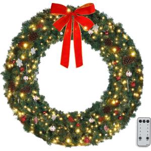 imageVINGLI 48 Inch Prelit Artificial Christmas Wreath Ourdoor Christmas Wreath Decorations with 150 LED Lights and 450 PVC Branch Tips for Garage Xmas Door Wreath wBow Pine Cones Ornaments Plugin