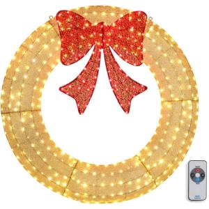 imageVINGLI 48 Inch Prelit Large Christmas Wreath Outdoor Christmas Wreath with 315 LED Lights for Garage Windows Christmas Door Wreath Decorations with Red Bow Timer Remote Control Plugin GoldGold