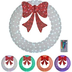 imageVINGLI 48 Inch Prelit Large Christmas Wreath Outdoor Christmas Wreath with 315 LED Lights for Garage Windows Christmas Door Wreath Decorations with Red Bow Timer Remote Control Plugin GoldWhite