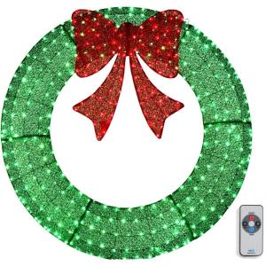 imageVINGLI 48 Inch Prelit Large Christmas Wreath Outdoor Christmas Wreath with 315 LED Lights for Garage Windows Christmas Door Wreath Decorations with Red Bow Timer Remote Control Plugin GoldGreen