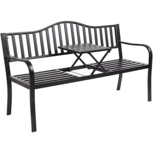 imageVINGLI 59quot Outdoor Metal Bench Patio Bench with Built in Table Park Bench Garden Bench Outside Benches Weather Proof Front Porch Bench for Yard Lawn Decor DeckMetal