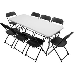 imageVINGLI 6 FT Plastic Folding Table Set with 8 Black Folding Chairs for Picnic Event Training Outdoor Activities at Home and Commercial Use1 table8 chairs