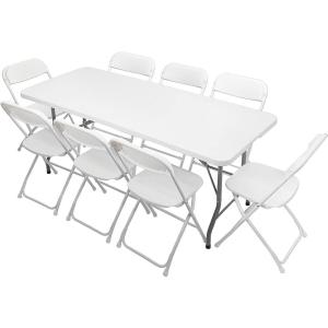 imageVINGLI 6 FT Plastic Folding Table Set with 8 White Folding Chairs for Picnic Event Training Outdoor Activities at Home and Commercial Use9 Pieces