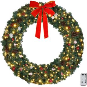 imageVINGLI 60 Inch Prelit Outdoor Christmas Wreath Large Christmas Wreath with Lights 220 LED and 600 PVC Branches for Garage Green Wreath wBow Pine Cones Ornaments Remote Control Timer Plugin