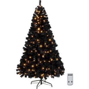 imageVINGLI 6ft Black Prelit Artificial Christmas Pine Tree with 250 Warm White Lights Xmas Tree Holiday Party Decorations with Sturdy Metal Stand Full 900 Tips Branch 8 Color Modes