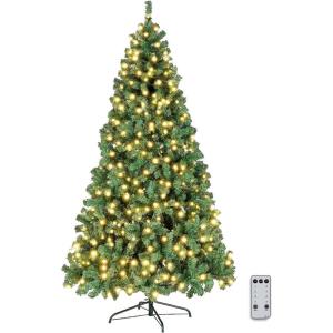 imageVINGLI 6ft Green Prelit Artificial Christmas Pine Tree with 250 Warm White Lights Xmas Tree Holiday Party Decorations with Sturdy Metal Stand Full 900 Tips Branch 8 Color Modes