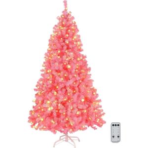 imageVINGLI 6ft Pink Prelit Artificial Christmas Pine Tree with 250 Warm White Lights Xmas Tree Holiday Party Decorations with Sturdy Metal Stand Full 900 Tips Branch 8 Color Modes
