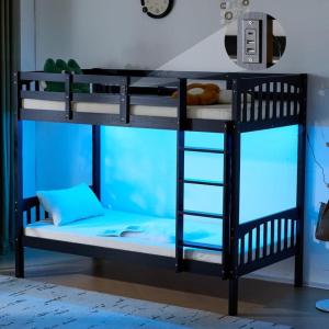 imageVINGLI Bunk Bed Twin Over Twin with 2 Storage DrawersRGB LEDCharging Station Convertible Solid Wood Bunk Bed Frame with Ladders WhiteBlack