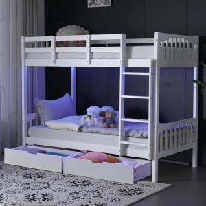 imageVINGLI Bunk Bed Twin Over Twin with 2 Storage DrawersRGB LEDCharging Station Convertible Solid Wood Bunk Bed Frame with Ladders WhiteWhite