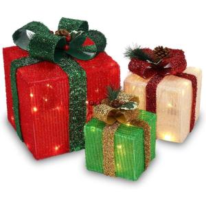 imageVINGLI Christmas Lighted Gift Boxes Set of 3 Weather Proof Present Boxes Ornament Home Decor Prelit 60 LED Lights PreSecured Bowknot for Indoor Outdoor Holiday DecorationsColorful