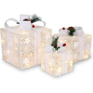 imageVINGLI Christmas Lighted Gift Boxes Set of 3 Weather Proof Present Boxes Ornament Home Decor Prelit 60 LED Lights PreSecured Bowknot for Indoor Outdoor Holiday DecorationsWhite