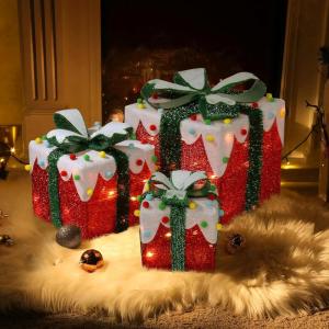 imageVINGLI Christmas Lighted Gift Boxes Set of 3 Weather Proof Present Boxes Ornament Home Decor Prelit 60 LED Lights PreSecured Bowknot for Indoor Outdoor Holiday DecorationsRed