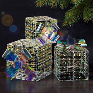imageVINGLI Christmas Lighted Gift Boxes Set of 3 Weather Proof Present Boxes Ornament Home Decor Prelit 60 LED Lights PreSecured Bowknot for Indoor Outdoor Holiday DecorationsClear