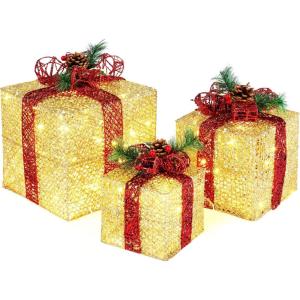 imageVINGLI Christmas Lighted Gift Boxes Set of 3 Weather Proof Present Boxes Ornament Home Decor Prelit 60 LED Lights PreSecured Bowknot for Indoor Outdoor Holiday DecorationsGolden