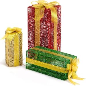 imageVINGLI Christmas Lighted Gift Boxes Set of 3 Weather Proof Present Boxes Ornament Home Decor Prelit 60 LED Lights PreSecured Bowknot for Indoor Outdoor Holiday DecorationsRectangular