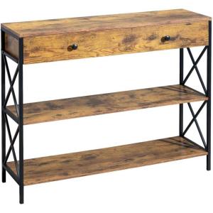 imageVINGLI Console Table with Drawer Entryway Table with Storage and Two Shelves Rustic Sofa Table Narrow Farmhouse Entry Table for Living Room Hallway Metal Frame Rustic Brown